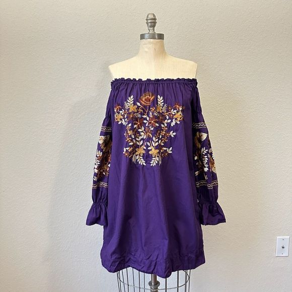 FREE PEOPLE Embroidered Fleur Du Jour Shift Mini Dress Purple - Picture 1 of 12